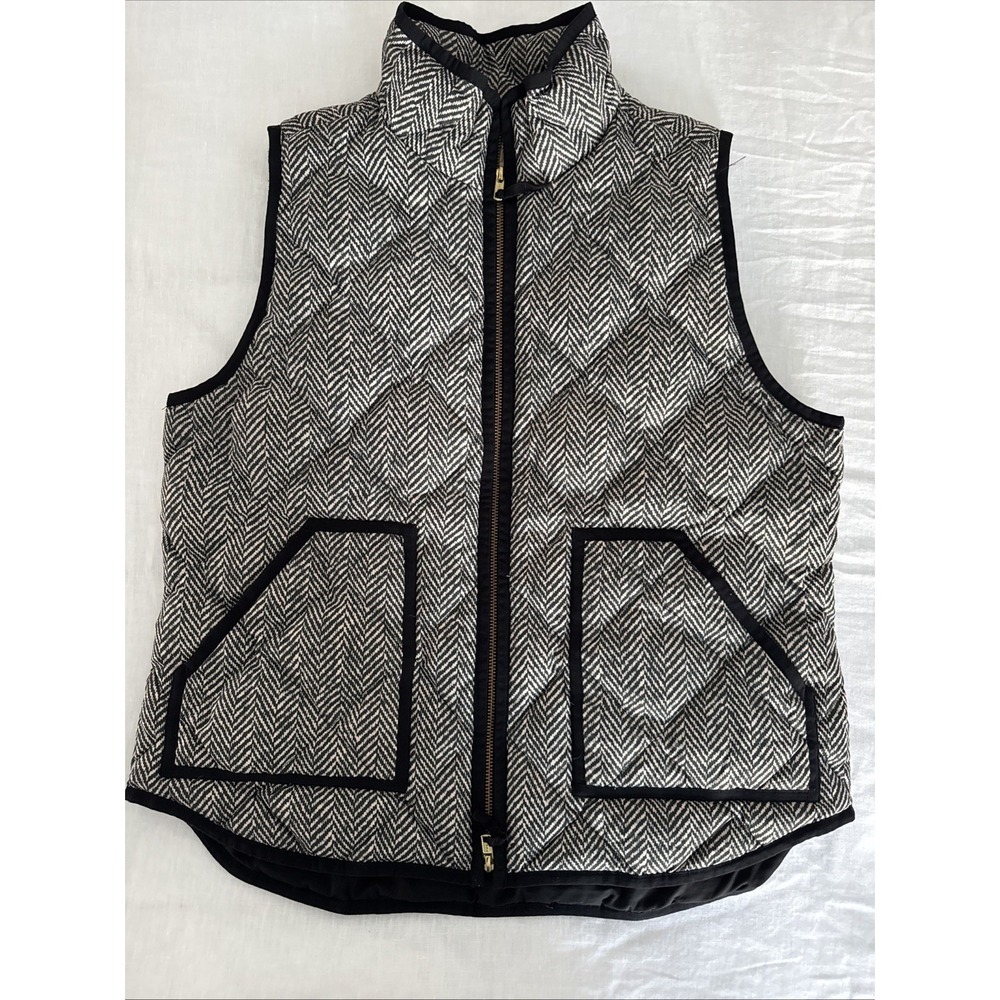 J Crew Vest Women's Large Black Chevron Quilted Zip Puffer Goose Down Insulated